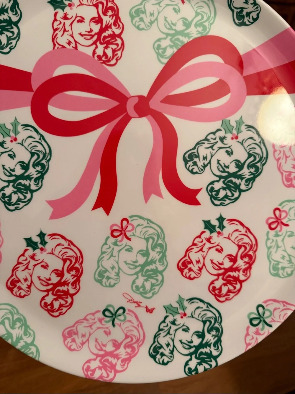 Festive Dolly Parton Pink & Green Holiday Serving Plate with Ribbon Motif 14.7